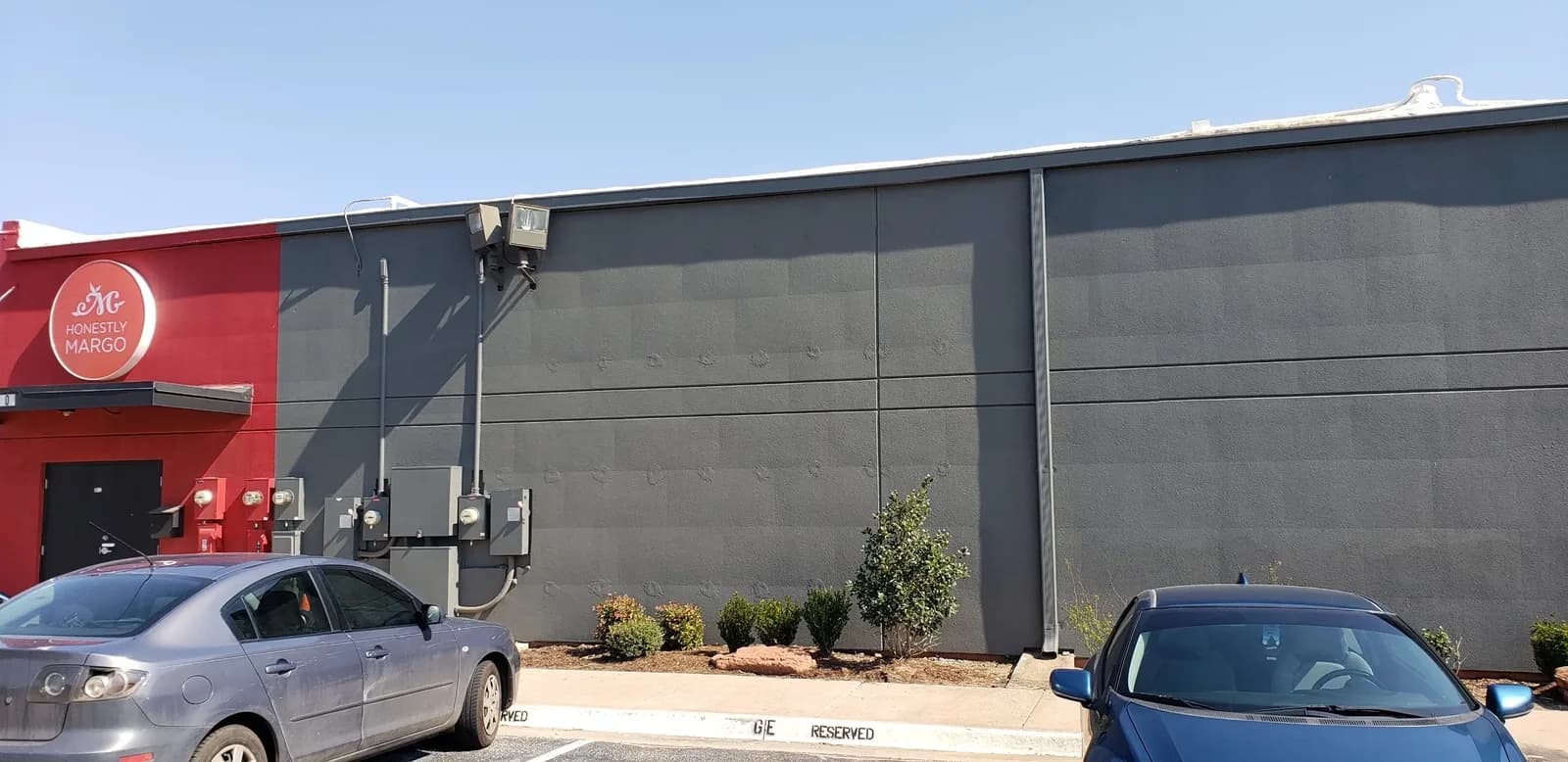 Commercial building gutters from the parking lot